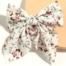 [1pc Elegant Bow Tie] Elegant Floral Print 1pc Bow Tie Hair Clip | Bohemian Style, Perfect for Daily Wear & Valentine's Day | White with Pink and Green Floral Patterns, Cute Hair Accessory for Girl