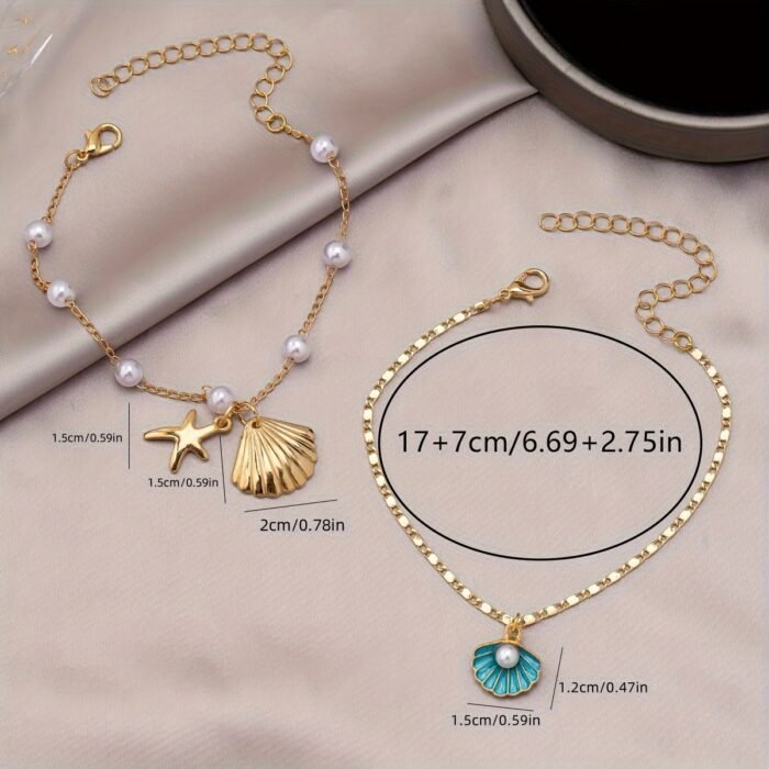 2pcs Set Elegant Simple Style Imitation Pearl and Shell Bracelets with Starfish Charm, Ocean-Inspired Fashion Jewelry, for Daily Wear - Image 3
