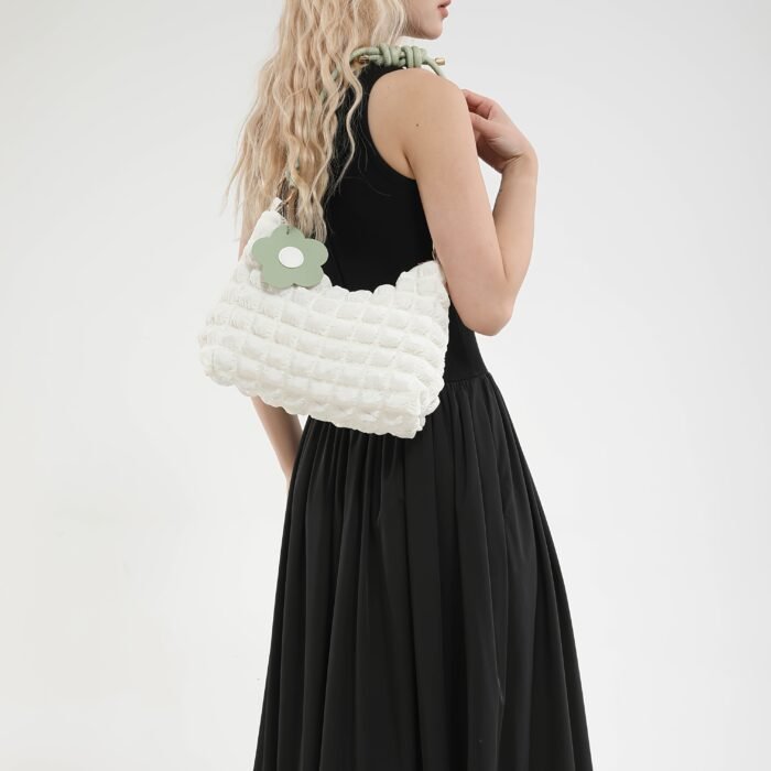 Chic Bubble Flower Shoulder Bag for Women, Lightweight Pleated Tote for Shopping & Daily Commute, Versatile Single-Strap & Crossbody Bag in Black, Pink, White - Polyester Lined, Zip Closur - Image 14
