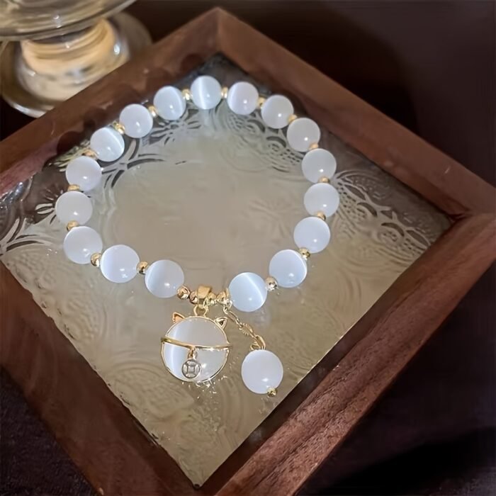 1pc Elegant Opal Bead Bracelet with Chic Cat Pendant – Vintage Bohemian Style, Perfect for Daily Wear or Special Occasions, Ideal Gift for Friends, All-Season Accessory, Cute Bracelets - Image 2