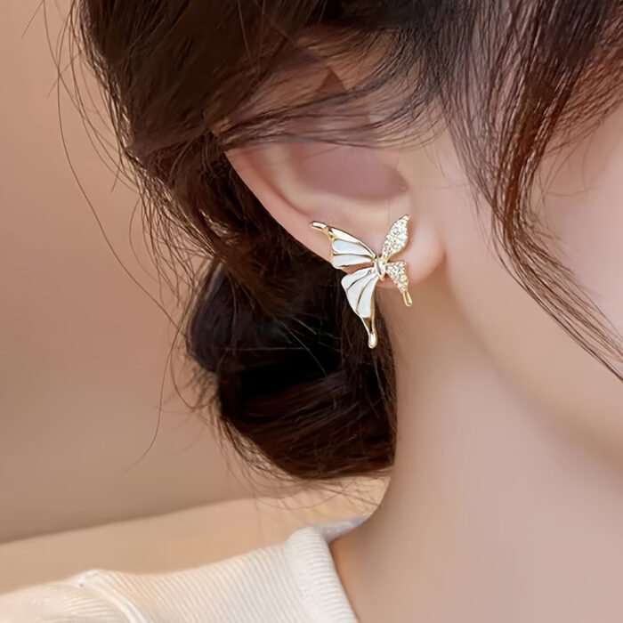 Elegant Butterfly Stud Earrings for Women - Stainless Steel Posts, Alloy with Rhinestone Accents, Perfect for Casual Attire - Image 4