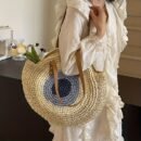 French Hook-Knit Straw Beach Bag - Two-Tone Blue & Beige Circular Woven Design with Double Handles & Zipper Closure, Vintage Bohemian Style for Summer Vacations, Casual Outings, College Commute, Vacation Accessory, Twotone Design, Textured Appearance