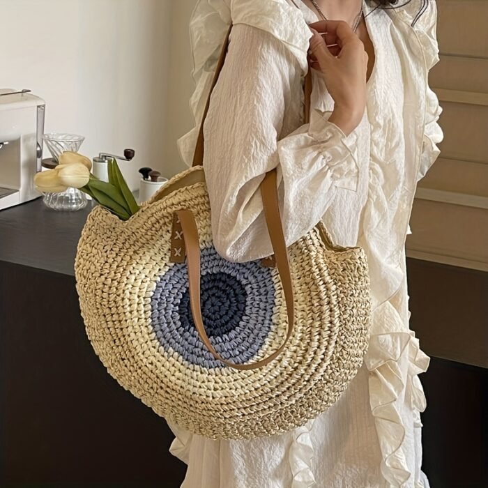 French Hook-Knit Straw Beach Bag - Two-Tone Blue & Beige Circular Woven Design with Double Handles & Zipper Closure, Vintage Bohemian Style for Summer Vacations, Casual Outings, College Commute, Vacation Accessory, Twotone Design, Textured Appearance - Image 10