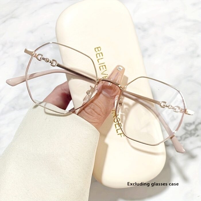 Chic Polygon Metal Frame Blue Light Blocking Glasses - Stylish Transparent Lens Eyewear for Women, Rose Golden Accents, Full-Rim Design, Perfect for Casual Outfits - Image 13