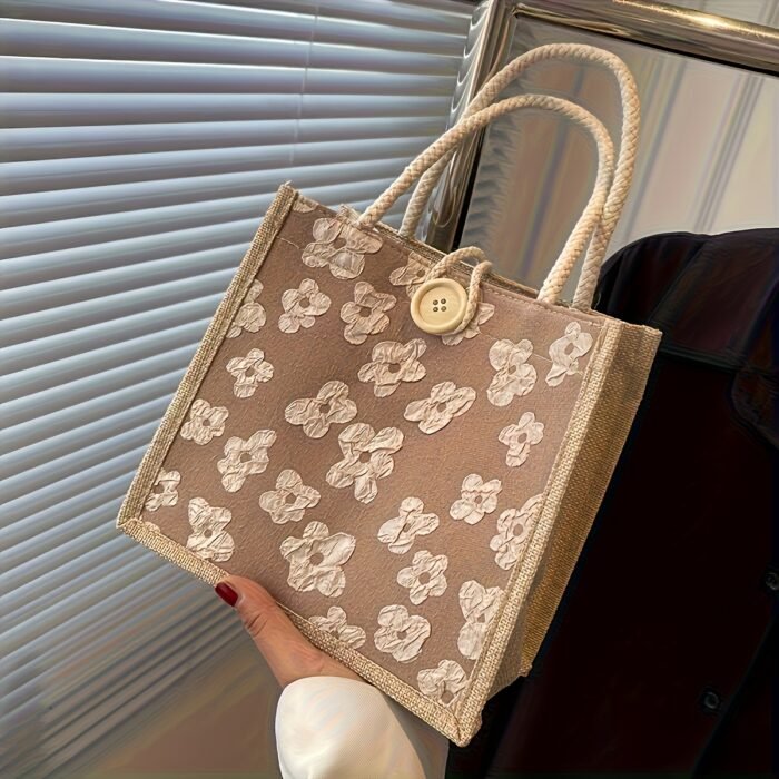 Chic Pink Floral Linen Tote Bag - Casual Japanese Bento Lunch Bag with Snap Closure, Hand Washable, Perfect for Women, Moms, and Students, Lightweight & Stylish, Ideal for Daily Use | Textured Woven Design - Image 9