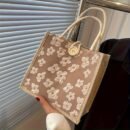 Chic Pink Floral Linen Tote Bag - Casual Japanese Bento Lunch Bag with Snap Closure, Hand Washable, Perfect for Women, Moms, and Students, Lightweight & Stylish, Ideal for Daily Use | Textured Woven Design