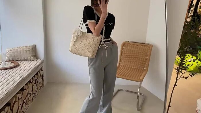 Chic Summer Woven Tote Bag - Korean Style, Beige Fabric with Floral Lace Detailing, Casual Small Crossbody Bucket Bag with White Strap and Polyester Lining, Casual Accessory | Floral Lace Bag | Buckle Closure - Image 12