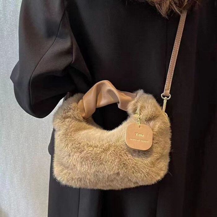 Women's Plush Faux Fur Crossbody Bag with Adjustable Strap & Zipper Closure - Sparkling Accents, Anti-Theft Design, Multiple Colors (Khaki/Light Gray/Beige/Pink) for Commuting & Casual Outings, Crossbody Purse, Winter Fashion Accessory, Soft Texture Purse - Image 11
