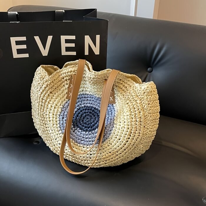French Hook-Knit Straw Beach Bag - Two-Tone Blue & Beige Circular Woven Design with Double Handles & Zipper Closure, Vintage Bohemian Style for Summer Vacations, Casual Outings, College Commute, Vacation Accessory, Twotone Design, Textured Appearance - Image 5