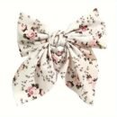 [1pc Elegant Bow Tie] Elegant Floral Print 1pc Bow Tie Hair Clip | Bohemian Style, Perfect for Daily Wear & Valentine's Day | White with Pink and Green Floral Patterns, Cute Hair Accessory for Girl