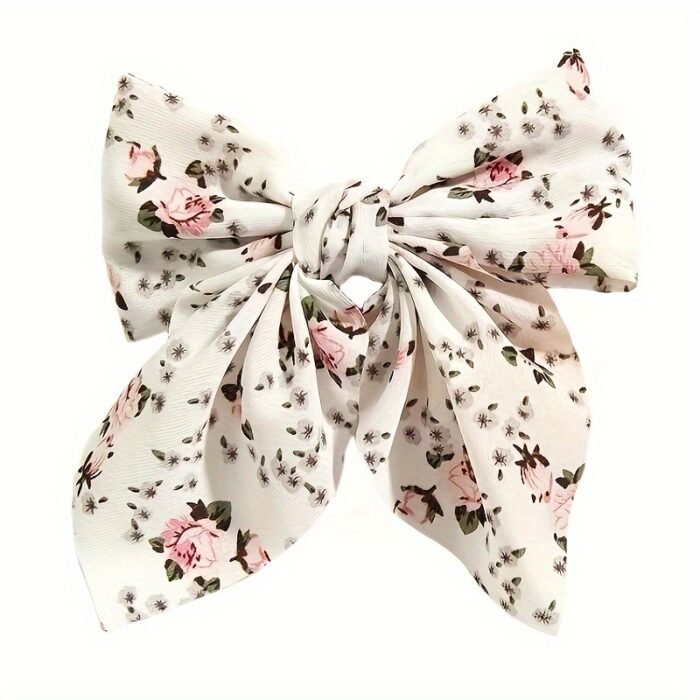[1pc Elegant Bow Tie] Elegant Floral Print 1pc Bow Tie Hair Clip | Bohemian Style, Perfect for Daily Wear & Valentine's Day | White with Pink and Green Floral Patterns, Cute Hair Accessory for Girl - Image 11