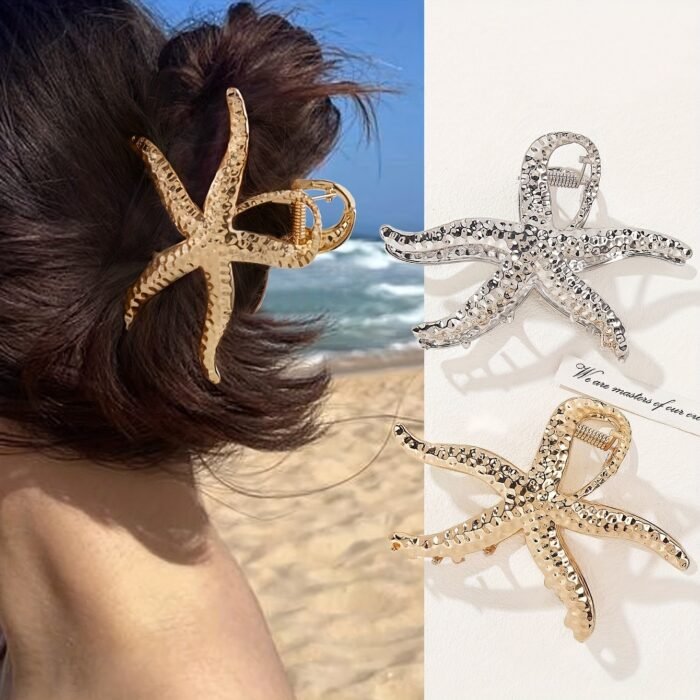 1pc Oversized Metal Starfish Hair Claw Clip - Retro Ocean Style Hair Accessory, Golden-Tone Alloy for Women, Perfect for Beach Vacations & Casual Outfits, Beach Vacation Accessory | Elegant Hair Accessory | Durable Metal Constructio - Image 2
