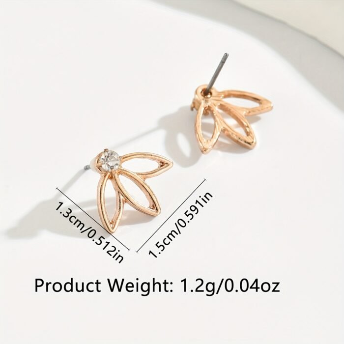 [1 Pair Golden Earrings] 1 Pair Elegant Golden-Tone Leaf Stud Earrings with Sparkling Rhinestones | Rose Golden Finish, Perfect for Casual Attire & Parties, Sophisticated Accessories - Image 7