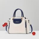 Stylish White & Navy Blue Women'S Handbag with Golden-Tone Hardware - Detachable Shoulder Strap, Zipper Closure, Polyester Lining - Perfect Gift for Mom or Family, Casual Chic Design, Durable Zipper Closure