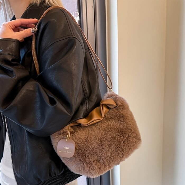 Women's Plush Faux Fur Crossbody Bag with Adjustable Strap & Zipper Closure - Sparkling Accents, Anti-Theft Design, Multiple Colors (Khaki/Light Gray/Beige/Pink) for Commuting & Casual Outings, Crossbody Purse, Winter Fashion Accessory, Soft Texture Purse - Image 3