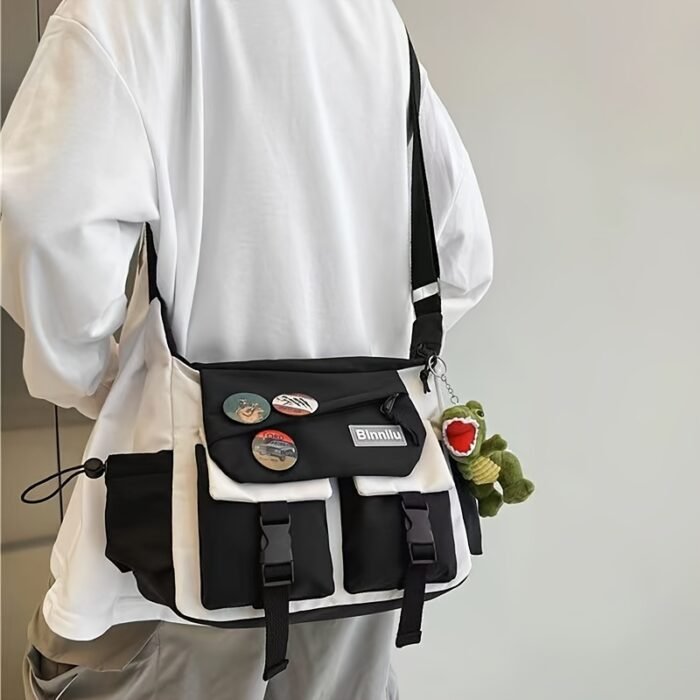Large Capacity Nylon Messenger Bag for Students - Casual Japanese-Inspired Crossbody with Adjustable Strap, Contrasting Colors, and Badge Set - Ideal for School and Shopping, School Shoulder Bag|Contrasting Colors Bag|Adjustable Strap Bag - Image 10