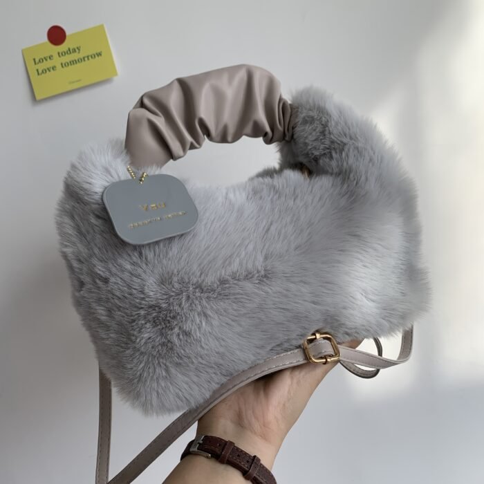 Women's Plush Faux Fur Crossbody Bag with Adjustable Strap & Zipper Closure - Sparkling Accents, Anti-Theft Design, Multiple Colors (Khaki/Light Gray/Beige/Pink) for Commuting & Casual Outings, Crossbody Purse, Winter Fashion Accessory, Soft Texture Purse - Image 13