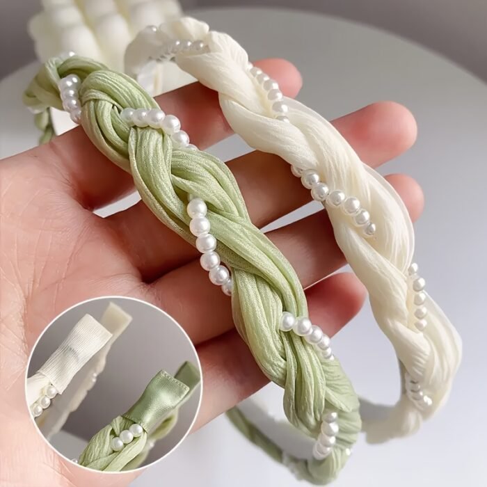 1pc Elegant Twisted Floral Headband with Faux Imitation Pearls - Sweet Style, Non-Slip, Green Ribbon & White Faux Pearl Design, Perfect for Daily Wear or Special Occasions, Daily Headband|Elegant Hair Accessory|Ribbon Headband - Image 7