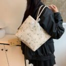 Chic Summer Woven Tote Bag - Korean Style, Beige Fabric with Floral Lace Detailing, Casual Small Crossbody Bucket Bag with White Strap and Polyester Lining, Casual Accessory | Floral Lace Bag | Buckle Closure