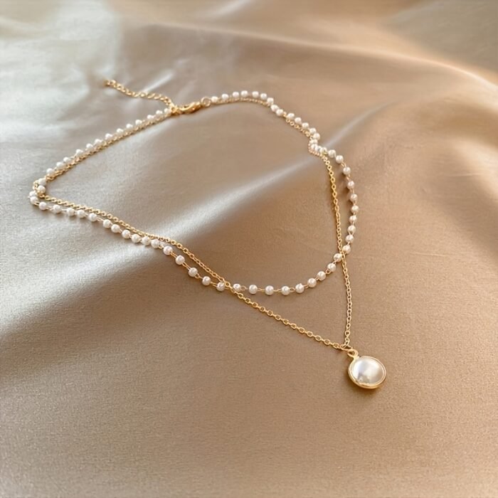 Elegant Double Layer Chain Necklace - Imitation Pearl Pendant, Iron Material, Versatile for Women, Daily & Party Wear, 1pc
