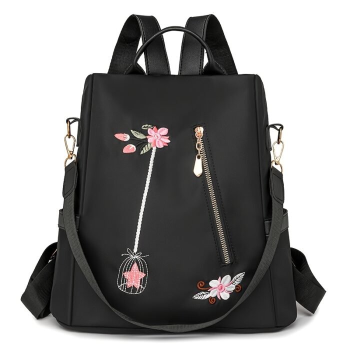 Stylish Floral Embroidered Backpack - Lightweight Anti-Theft Large Capacity Unisex Daypack with Adjustable & Detachable Straps, Zipper Closure, Polyester Lining for Commuting, Travel, School, Travel Backpack - Image 4