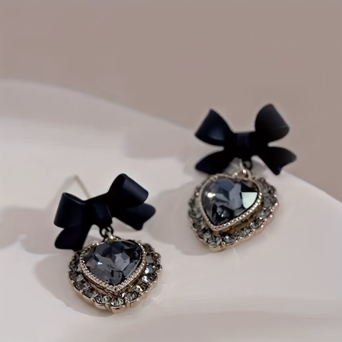Elegant Black Bow Earrings with Heart Gemstone - Vintage-Inspired Party Jewelry, Ideal for Christmas, Halloween, New Year, Valentine'S Day Gifts for Women, Moms, and Friends, Gift Jewelry|Vintageinspired Earrings|Synthetic Gemstone Earrings - Image 2