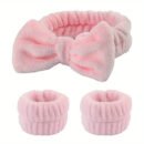 Solid Color Butterfly End Headband Wristband Set Women'S Wash Beauty Makeup Headband Wrist Flannel Hair Accessories Headwear Face Wash Headband Wrist Set Plush Elastic Headband Ladies Accessories Set