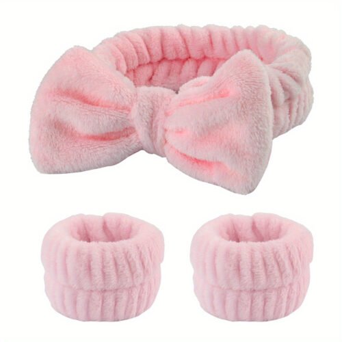 Solid Color Butterfly End Headband Wristband Set Women'S Wash Beauty Makeup Headband Wrist Flannel Hair Accessories Headwear Face Wash Headband Wrist Set Plush Elastic Headband Ladies Accessories Set