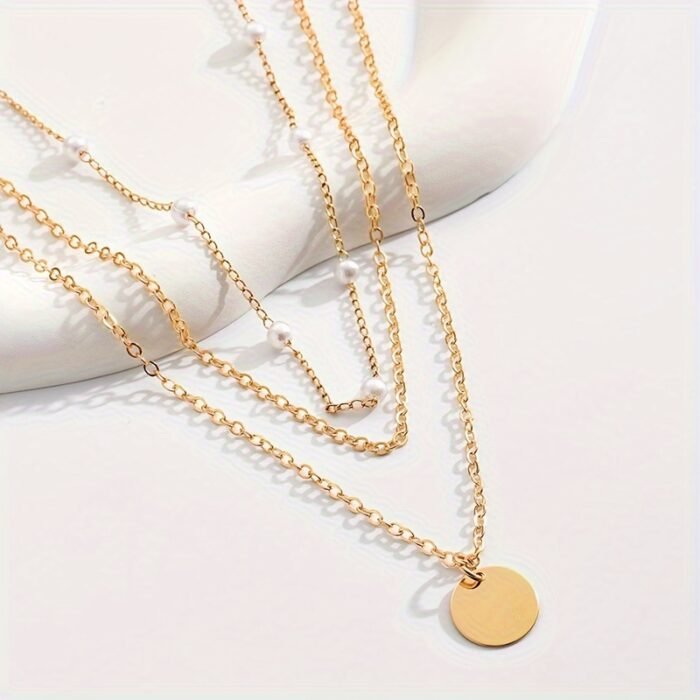 1pc Layered Necklace Simple Round Piece Pendant Necklace Faux Pearl Beaded Necklace Stylish Jewelry - Image 3