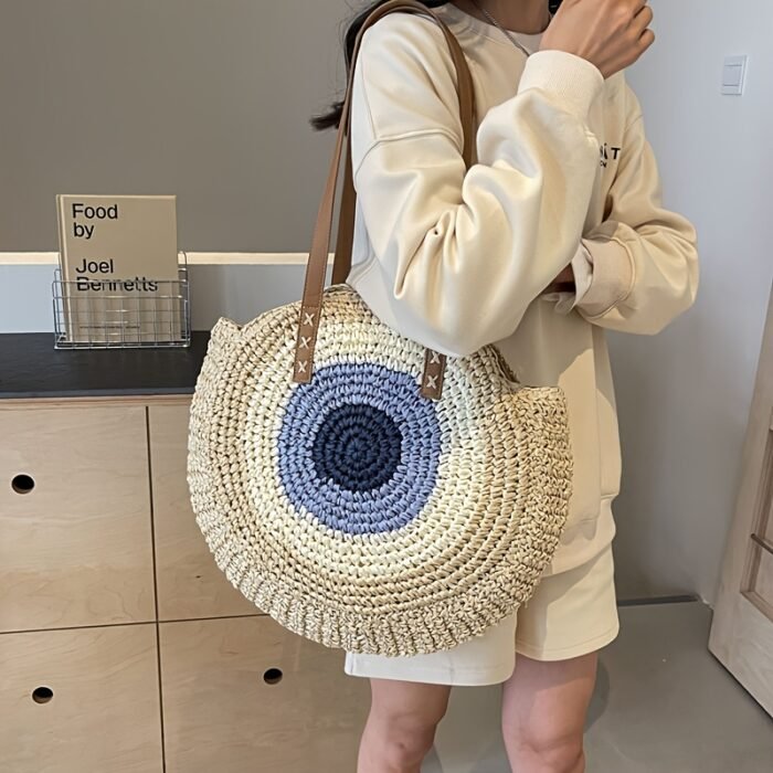 French Hook-Knit Straw Beach Bag - Two-Tone Blue & Beige Circular Woven Design with Double Handles & Zipper Closure, Vintage Bohemian Style for Summer Vacations, Casual Outings, College Commute, Vacation Accessory, Twotone Design, Textured Appearance - Image 8