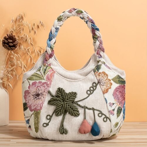 Foldable Zipper Closure Bohemian Style Handmade Flower Tote Bag - Fixed Shoulder Strap, with Wristlet, for Vacation