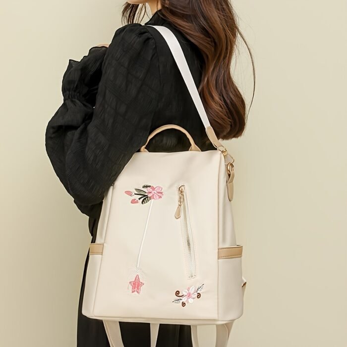 Stylish Floral Embroidered Backpack - Lightweight Anti-Theft Large Capacity Unisex Daypack with Adjustable & Detachable Straps, Zipper Closure, Polyester Lining for Commuting, Travel, School, Travel Backpack - Image 9