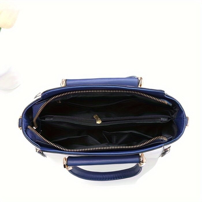 Stylish White & Navy Blue Women'S Handbag with Golden-Tone Hardware - Detachable Shoulder Strap, Zipper Closure, Polyester Lining - Perfect Gift for Mom or Family, Casual Chic Design, Durable Zipper Closure - Image 7