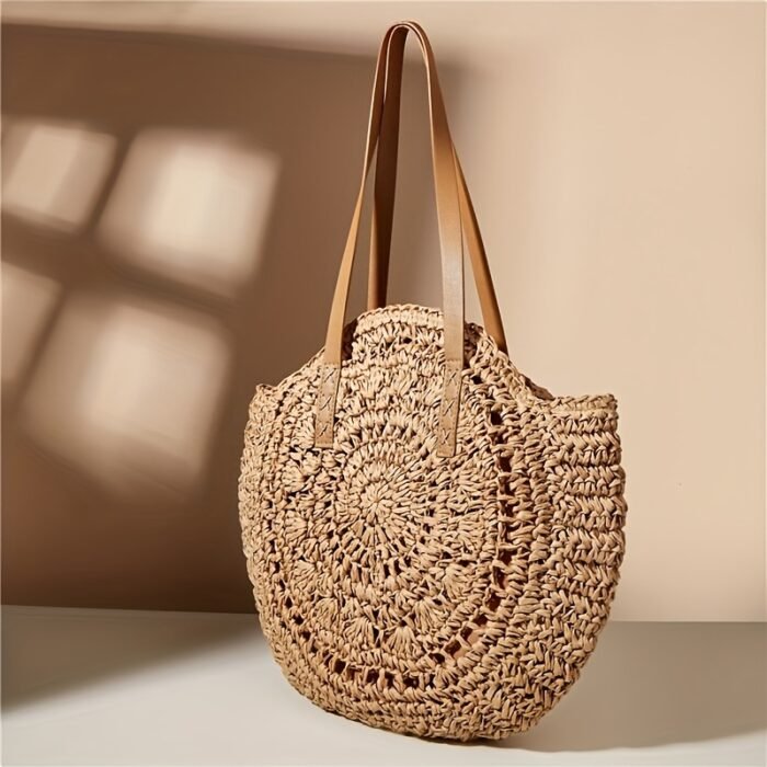 Summer Hollow Design Round Straw Tote Bag, Minimalist Woven Women's Tote Bag, Beach Bag, Suitable for All Seasons - Image 11