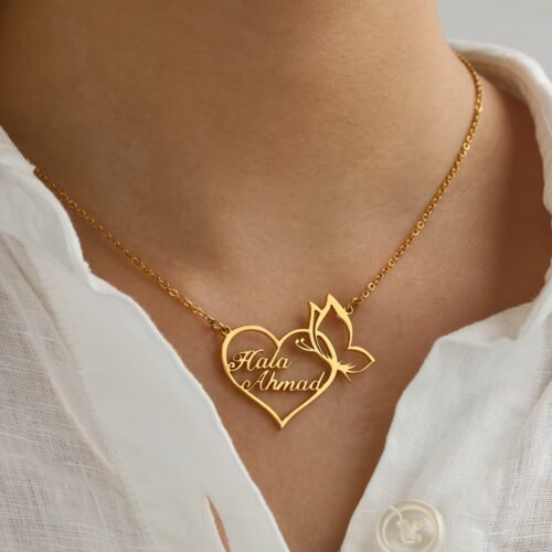 Customized 18K Golden Plated Stainless Steel Heart & Butterfly Necklace, Unisex Vintage Bohemian Style, Perfect for Daily Wear, Work, Dates, Gifts, Valentine's Day, Festivals, Parties