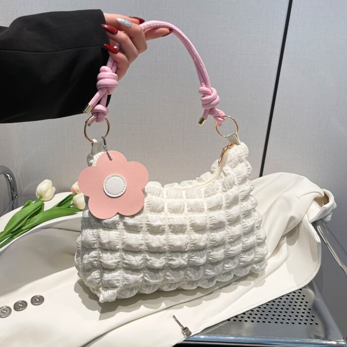 Chic Bubble Flower Shoulder Bag for Women, Lightweight Pleated Tote for Shopping & Daily Commute, Versatile Single-Strap & Crossbody Bag in Black, Pink, White - Polyester Lined, Zip Closur - Image 9