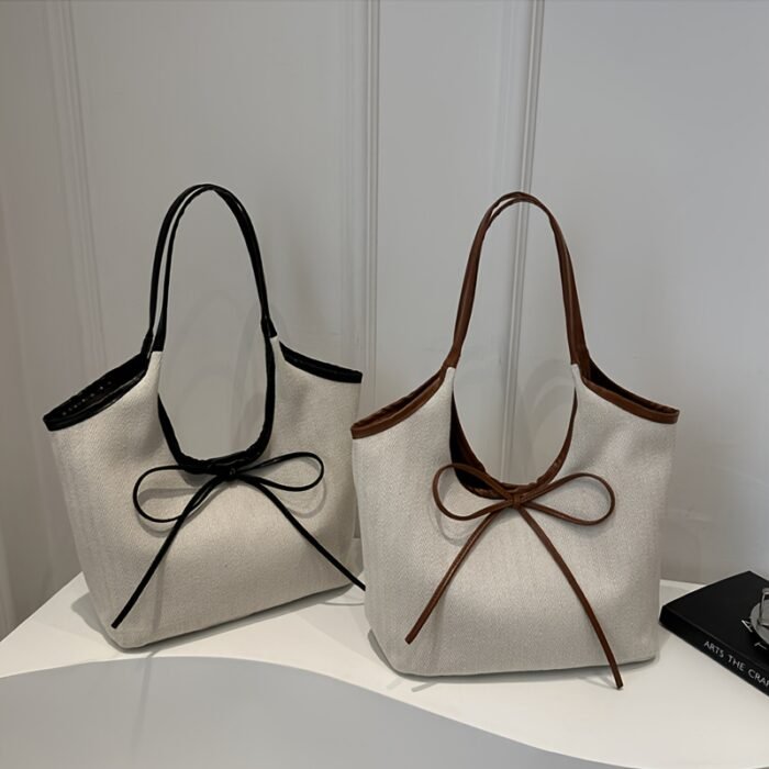 Women'S Crossbody Bag, Niche Patchwork Canvas Tote Bag, Commuting Fashion with Bow Tie, Shoulder Underarm Bag-- Stylish Design, Quality Workmanship, Comfortable Handle, 3 Colors to Choose from, Suitable for Shopping, Shopping, Work Commuting, Travel Leisure, School Classes, Dates and so on, Perfect holiday gif