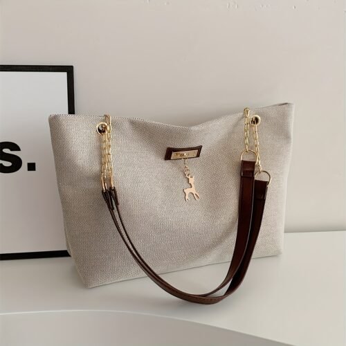 1pc Fashionable Polyester Tote Bag - Large Capacity, Adjustable Contrast Strap, Zipper Closure, Deer Charm for Women (Messenger Bag Style)