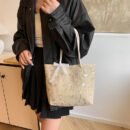 Chic Summer Woven Tote Bag - Korean Style, Beige Fabric with Floral Lace Detailing, Casual Small Crossbody Bucket Bag with White Strap and Polyester Lining, Casual Accessory | Floral Lace Bag | Buckle Closure