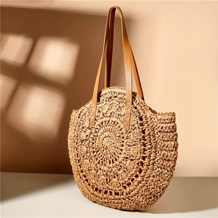 Summer Hollow Design Round Straw Tote Bag, Minimalist Woven Women's Tote Bag, Beach Bag, Suitable for All Seasons - Image 4