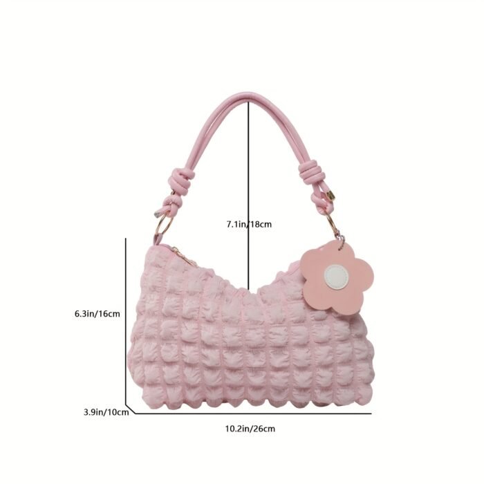 Chic Bubble Flower Shoulder Bag for Women, Lightweight Pleated Tote for Shopping & Daily Commute, Versatile Single-Strap & Crossbody Bag in Black, Pink, White - Polyester Lined, Zip Closur - Image 4