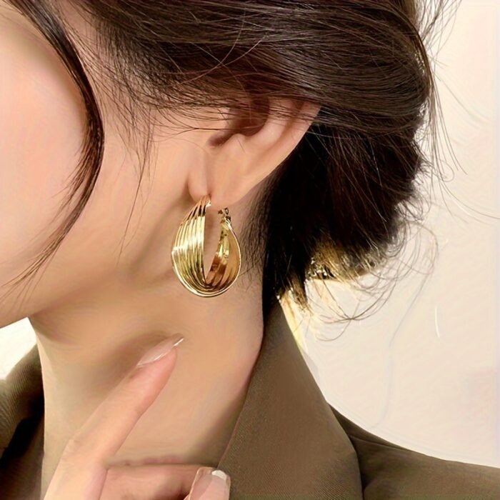 Elegant Golden-Tone Textured Hoop Earrings for Women - Perfect for Parties, Daily Wear & Special Occasions, Banquets, Music Festival, Travel Photography - Image 2