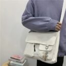 Women's Anime-Themed Messenger Bag with Free Blush Bear & Acrylic Accessories - Adjustable Strap, A4 Capacity, White/Black Casual Crossbody Shoulder Bag for, Work, Travel, Kawaii Bag, Work Accessory, Anime Accessory, Polyester Lined