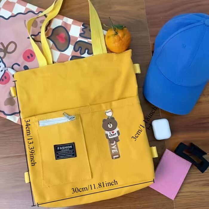 1pc Black and Yellow Canvas Tote Bag with Zipper Closure - Durable, Handwashable Messenger Bag for Students and Casual Use, Features Multiple Pockets and Adjustable Straps, Casual Accessory|Playful Design|Zippered Bag - Image 4