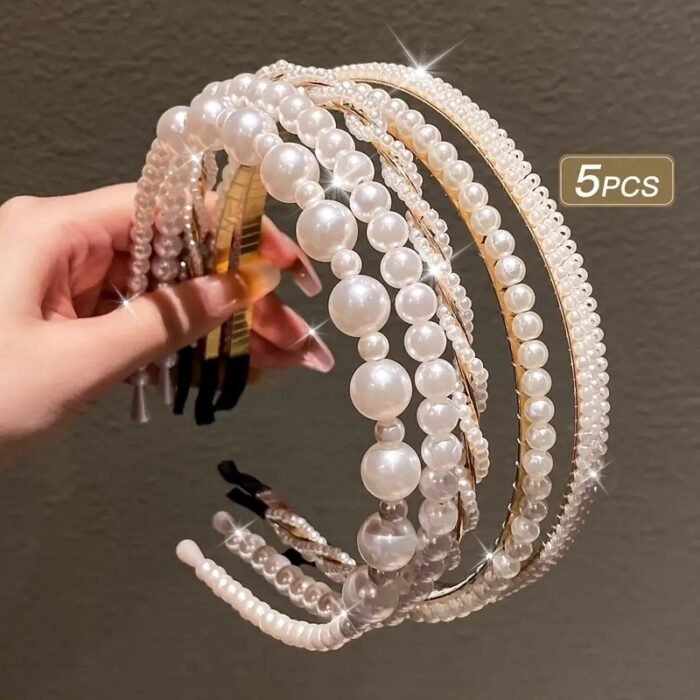 5pcs Elegant Faux Pearl Headbands for Women - Chic Plastic Hair Hoops with Imitation Pearls, Perfect for Styling and Accessories, Minimalist Design, Hair Accessories for Wome - Image 12
