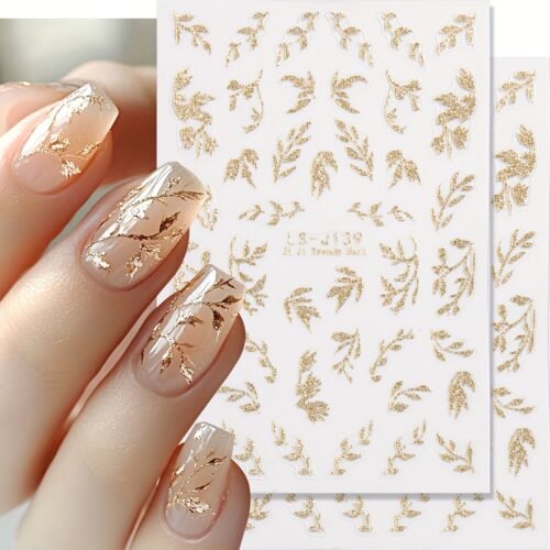 2pcs Golden Glitter Leaf Design Nail Stickers, Self-Adhesive Willow Leaf Pattern for DIY Salon, Women and 'S Nail Art Supplies LS-J
