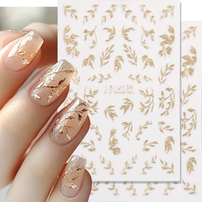 2pcs Golden Glitter Leaf Design Nail Stickers, Self-Adhesive Willow Leaf Pattern for DIY Salon, Women and 'S Nail Art Supplies LS-J