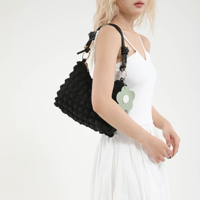 Chic Bubble Flower Shoulder Bag for Women, Lightweight Pleated Tote for Shopping & Daily Commute, Versatile Single-Strap & Crossbody Bag in Black, Pink, White - Polyester Lined, Zip Closur - Image 2