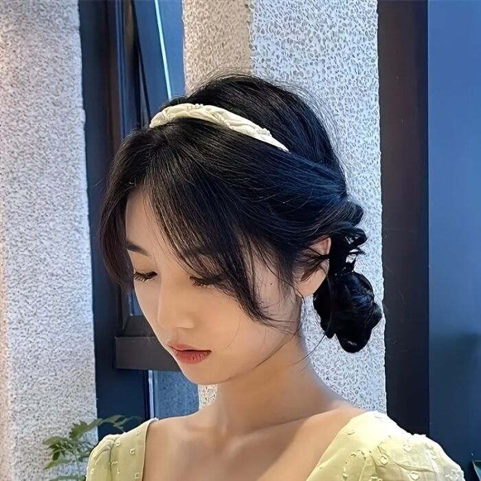 1pc Elegant Twisted Floral Headband with Faux Imitation Pearls - Sweet Style, Non-Slip, Green Ribbon & White Faux Pearl Design, Perfect for Daily Wear or Special Occasions, Daily Headband|Elegant Hair Accessory|Ribbon Headband - Image 4