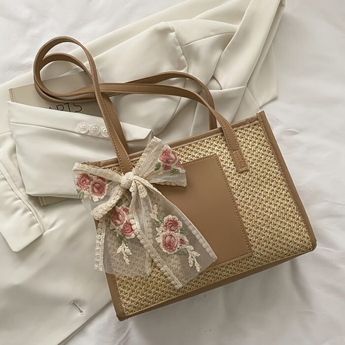 Elegant Woven Tote Bag with Floral Accent - Large Capacity, Rectangular Shape, Zipper Closure, Polyester Lining, Available in Beige, Green, and Cream, Perfect for Beach and Summer Outings, Beach Tote Bag|Elegant Tote Bag|Zippered Closure, Beach Bag - Image 5